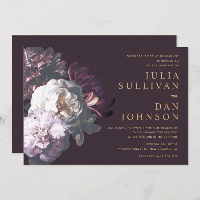 Dark Plum Purple Moody Floral Wedding Invitation (Front/Back)