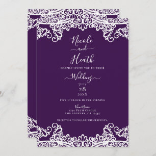 Dark Plum Purple & White Lace Elegant Wedding   Invitation