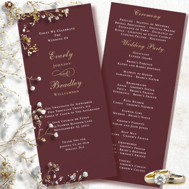 Dark Plum Red Burgundy Gold White Wedding Program Invitation (Creator Uploaded)