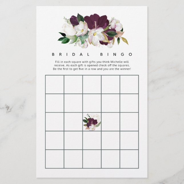 Dark Plum Velvet and White Spring Bridal Bingo (Front)