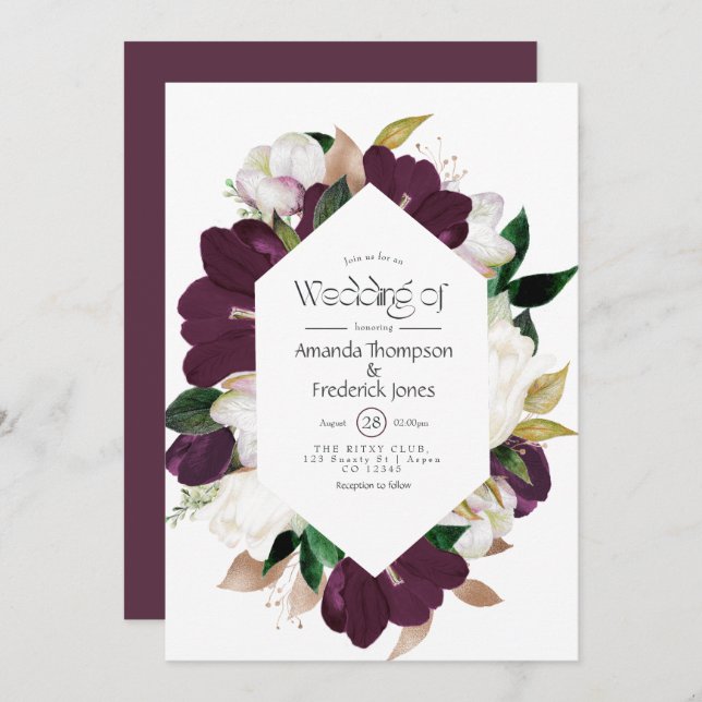 Dark Plum Velvet and White Spring Floral Wedding I Invitation (Front/Back)