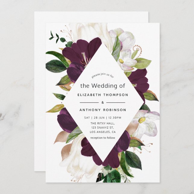 Dark Plum Velvet and White Spring Floral Wedding Invitation (Front/Back)