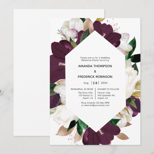 Dark Plum Velvet and White Spring Rehearsal Dinner Invitation (Front/Back)