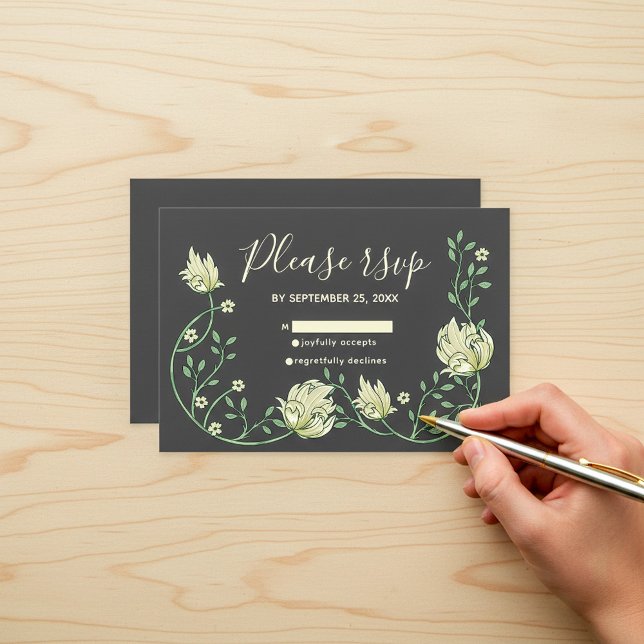 Dark pretty art nouveau flowers rsvp card (Dark pretty art nouveau cream flowers rsvp response card.)