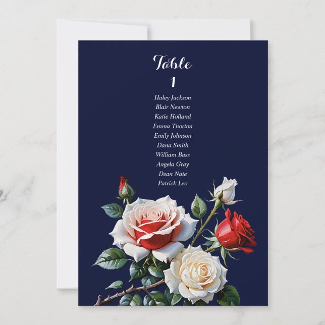 Dark Pretty pink white red rose seating chart card (Front)
