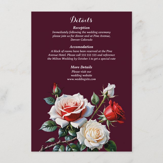 Dark Pretty pink white red roses floral wedding Enclosure Card (Front)