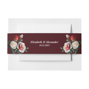 Dark Pretty pink white red roses floral wedding Invitation Belly Band