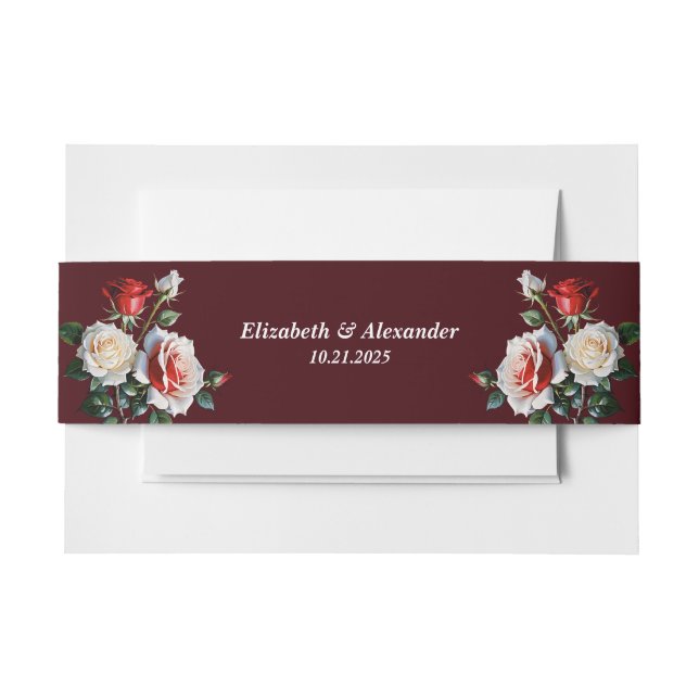 Dark Pretty pink white red roses floral wedding  Invitation Belly Band (Front Example)