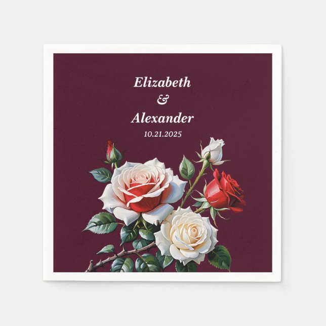 Dark Pretty pink white red roses floral wedding  Napkin (Front)