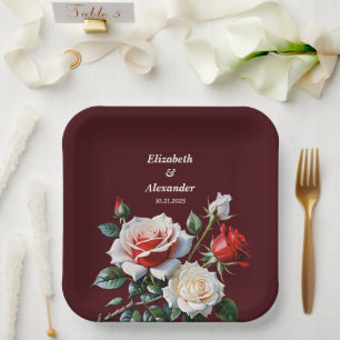 Dark Pretty pink white red roses floral wedding Paper Plate