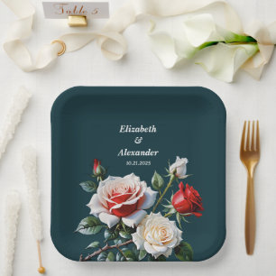 Dark Pretty pink white red roses floral wedding Paper Plate