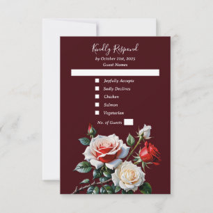 Dark Pretty pink white red roses floral wedding  RSVP Card