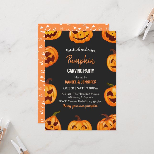 Dark Pumpkin carving party halloween Jack OLantern Invitation (Front/Back In Situ)