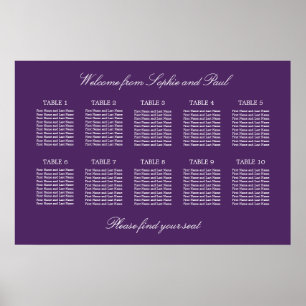 Dark Purple 10 Table Wedding Seating Chart Poster