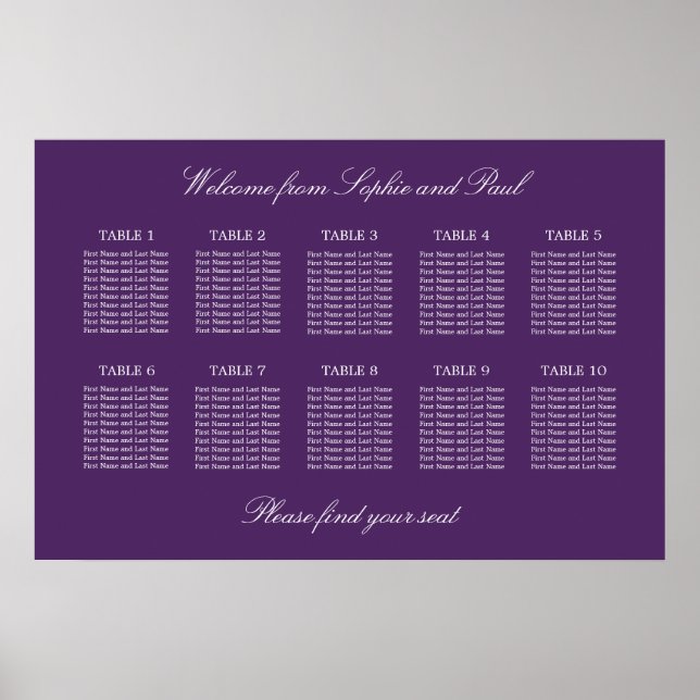 Dark Purple 10 Table Wedding Seating Chart Poster (Front)