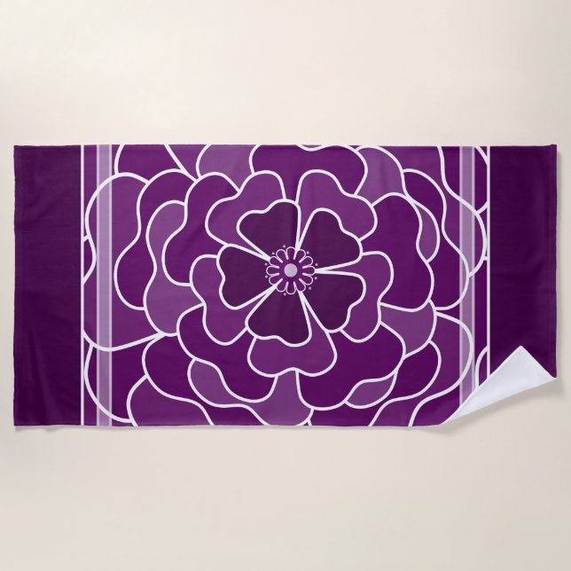 Dark purple abstract flower pattern beach towel (Front)