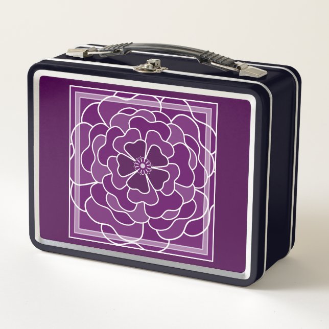 Dark purple abstract flower pattern metal lunch box (Front)