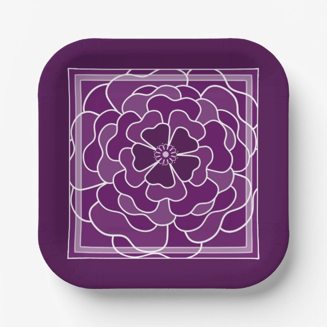 Dark purple abstract flower pattern paper plate (Front)