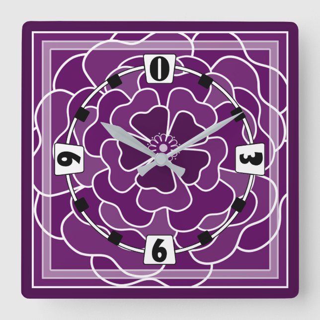 Dark purple abstract flower pattern square wall clock (Front)