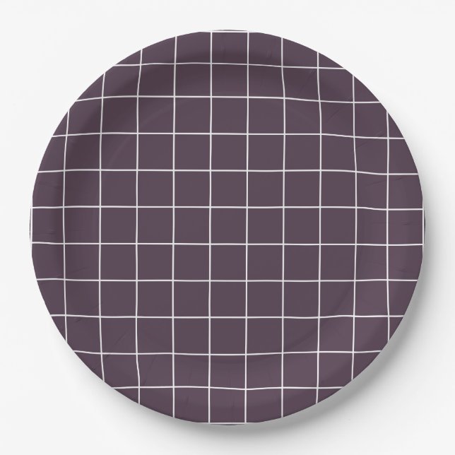 Dark purple aesthetic background grid pattern paper plate (Front)