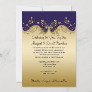 Dark Purple and Gold Butterflies 50th Anniversary Invitation