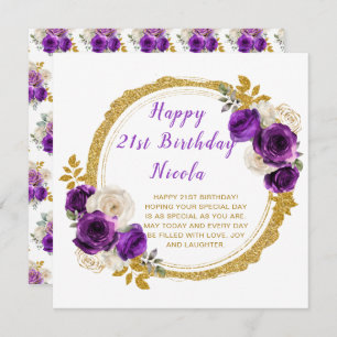 Dark Purple and Gold Elegant Flower Birthday Party Card