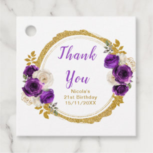 Dark Purple and Gold Elegant Flower Birthday Party Favour Tags