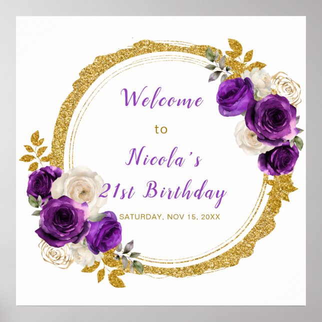 Dark Purple and Gold Elegant Flower Birthday Party Poster (Front)