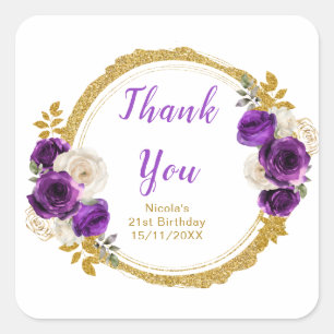 Dark Purple and Gold Elegant Flower Birthday Party Square Sticker