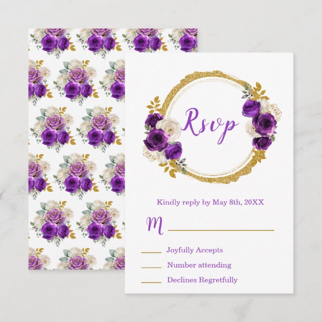 Dark Purple and Gold Elegant Flower Sweet Sixteen RSVP Card (Front/Back)