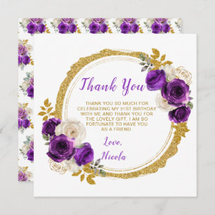 Dark Purple and Gold Elegant Flowers Birthday  Thank You Card