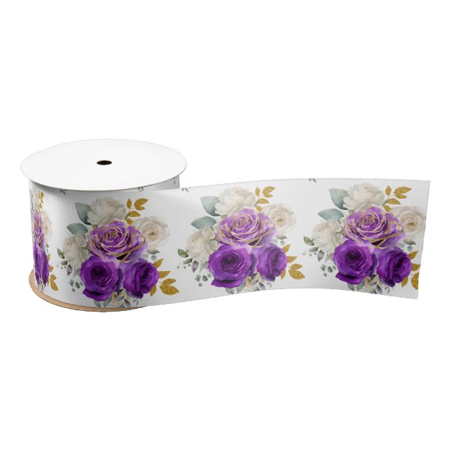 Dark Purple and Gold Elegant Flowers  Satin Ribbon (Spool)