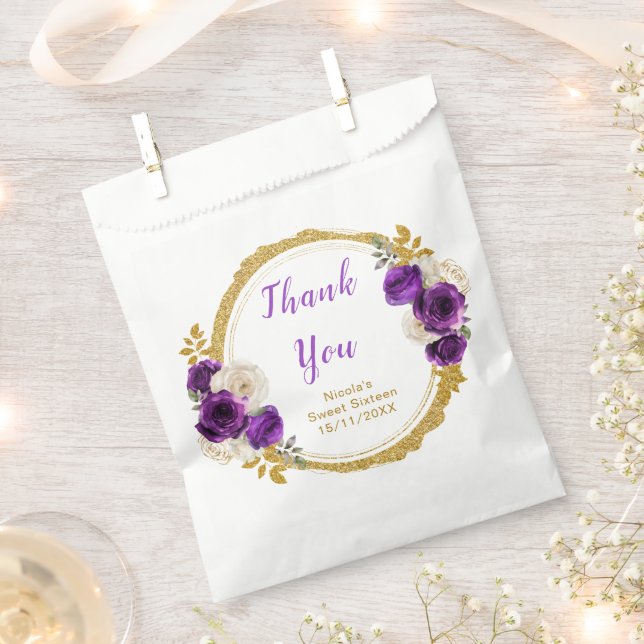 Dark Purple and Gold Elegant Flowers Sweet Sixteen Favour Bags (Clipped)