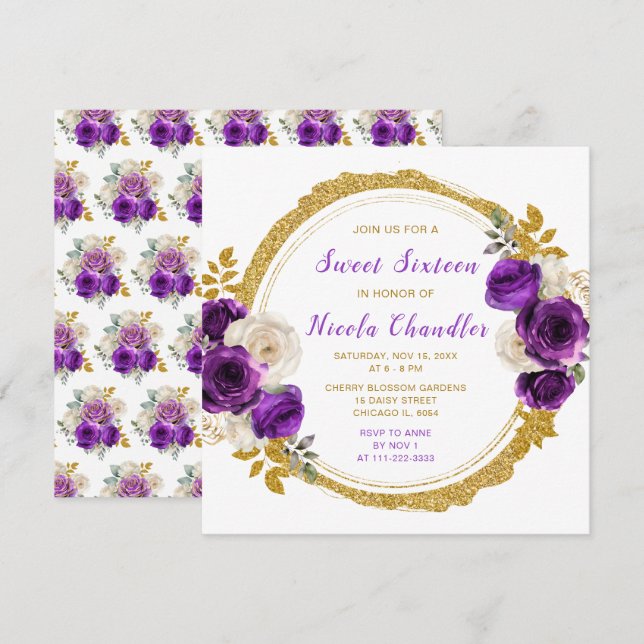 Dark Purple and Gold Elegant Flowers Sweet Sixteen Invitation (Front/Back)