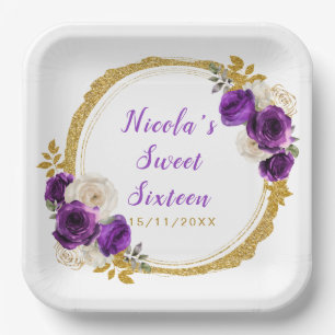 Dark Purple and Gold Elegant Flowers Sweet Sixteen Paper Plate