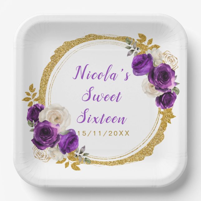 Dark Purple and Gold Elegant Flowers Sweet Sixteen Paper Plate (Front)