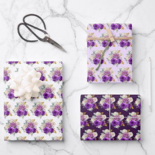 Dark Purple and Gold Elegant Flowers Wrapping Paper Sheet