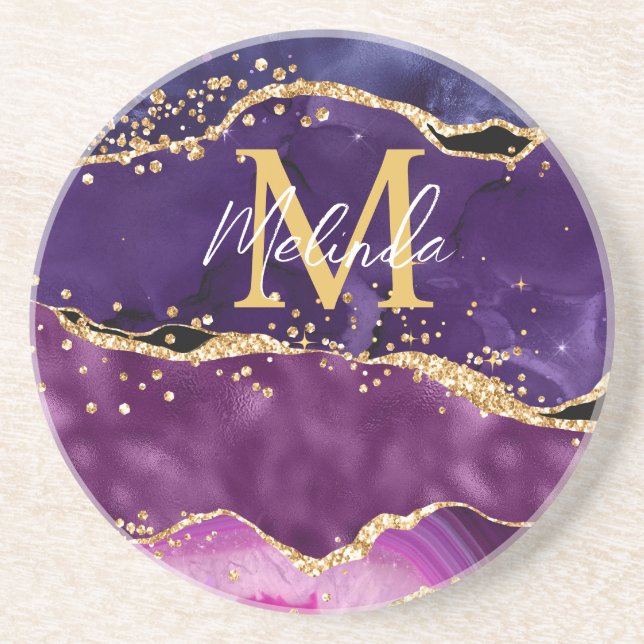 Dark Purple and Gold Glitter Sequins Agate Coaster (Front)