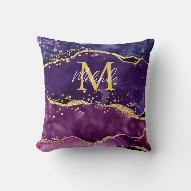 Dark Purple and Gold Glitter Sequins Agate Cushion (Front)