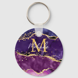 Dark Purple and Gold Glitter Sequins Agate Key Ring