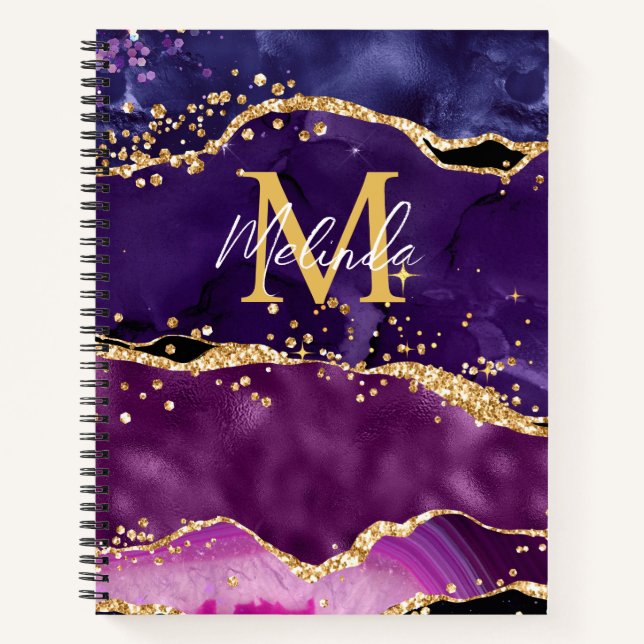 Dark Purple and Gold Glitter Sequins Agate Notebook (Front)