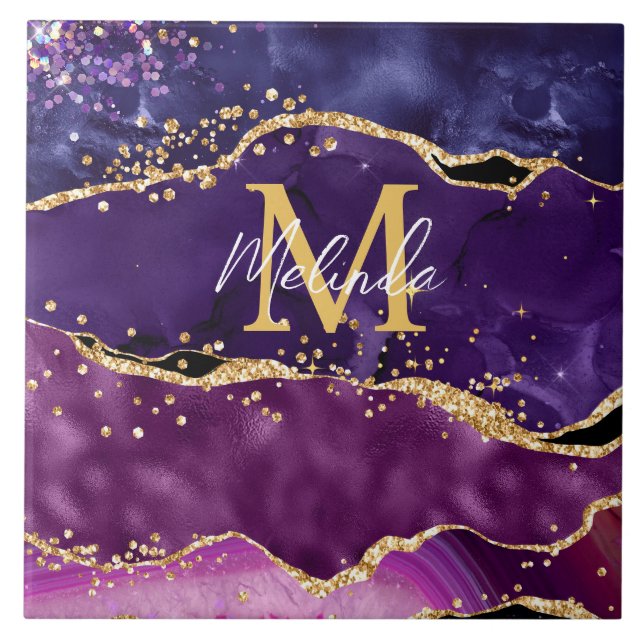 Dark Purple and Gold Glitter Sequins Agate Tile (Front)