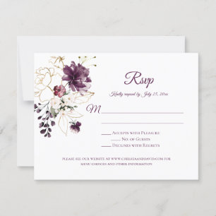 Dark Purple and Gold Outline Roses White Back RSVP