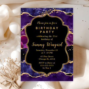 Dark Purple and Gold Sequins Agate Birthday Invitation