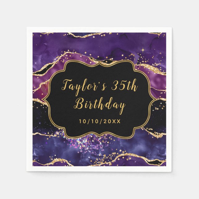 Dark Purple and Gold Sequins Agate Birthday Napkin (Front)