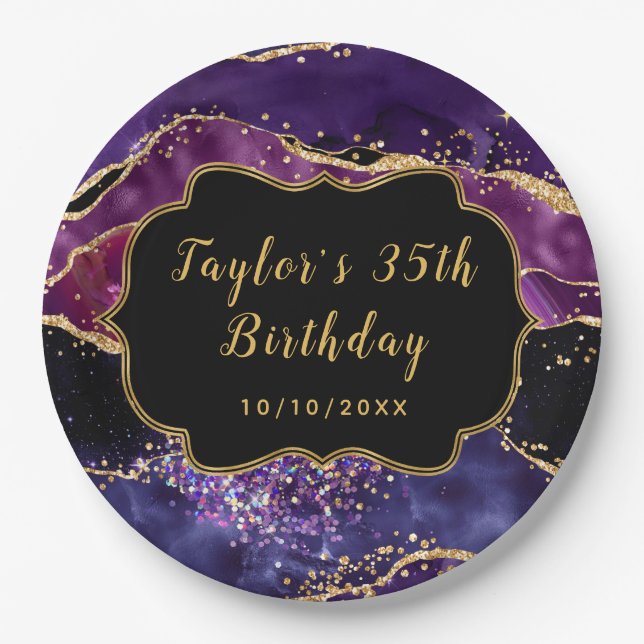 Dark Purple and Gold Sequins Agate Birthday Paper Plate (Front)
