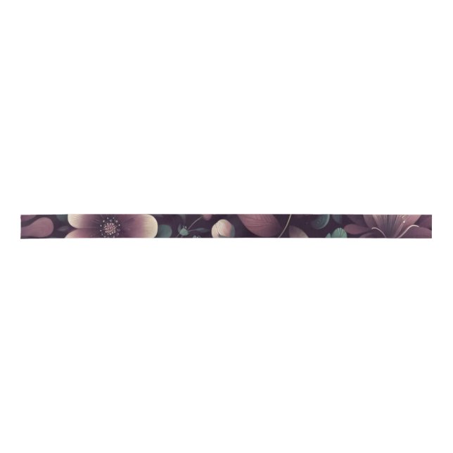 Dark Purple and Green Flowers Pattern Satin Ribbon (Front)