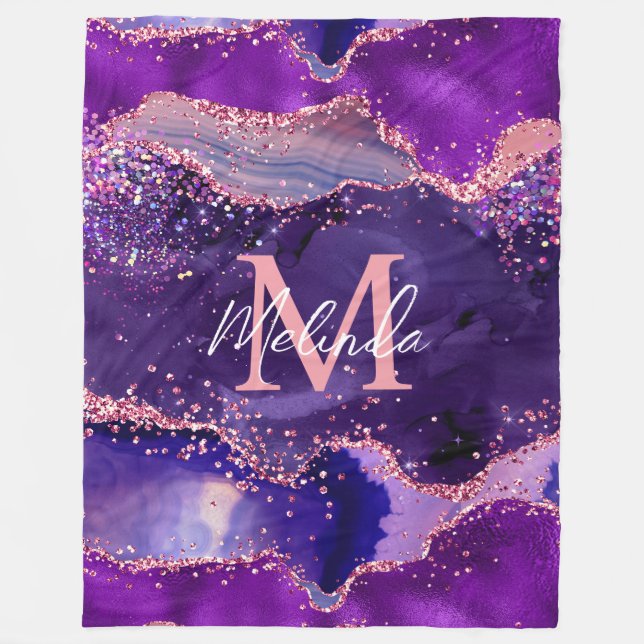 Dark Purple and Pink Glitter Sequins Agate Fleece Blanket (Front)
