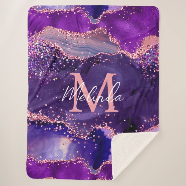 Dark Purple and Pink Glitter Sequins Agate Sherpa Blanket (Front)