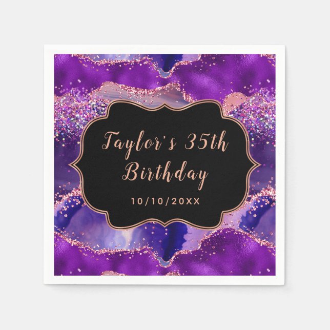 Dark Purple and Pink Sequins Agate Birthday Napkin (Front)